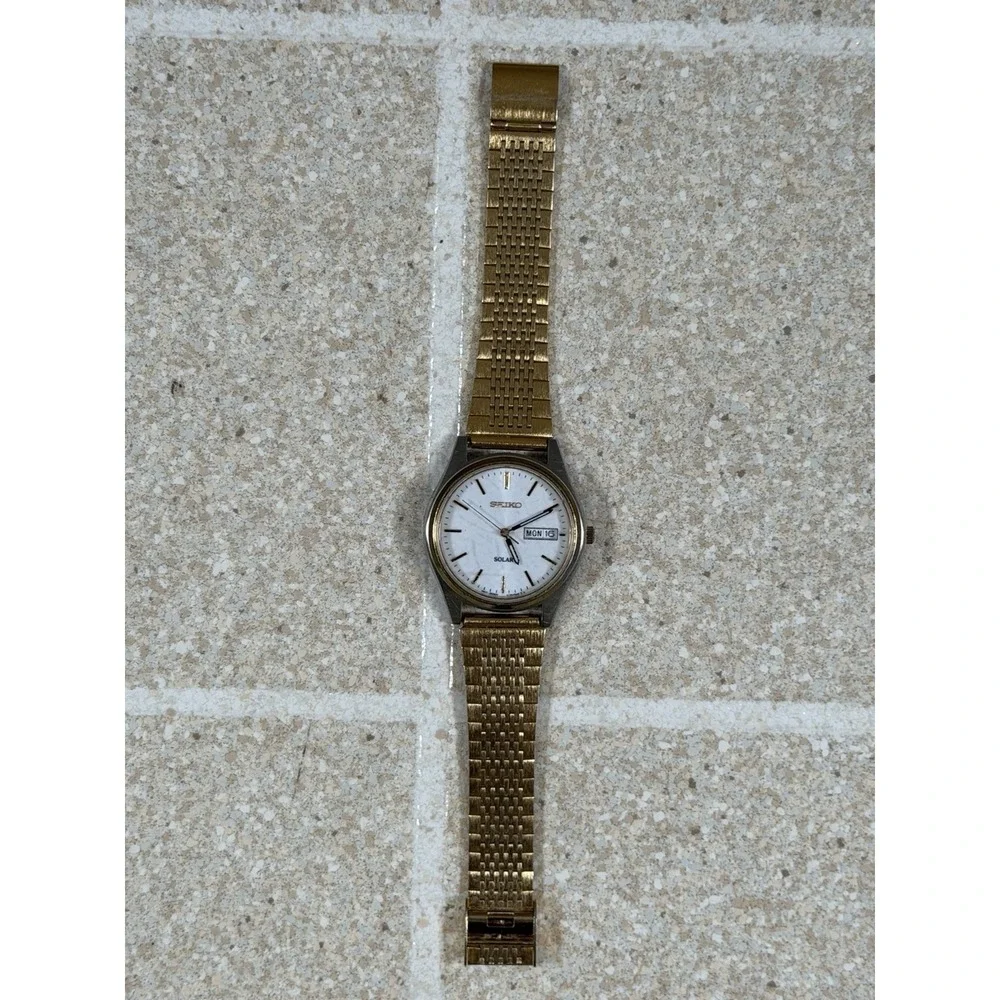 Seiko Solar Quartz SNE032 Two Tone Stainless Steel Gold White Dial